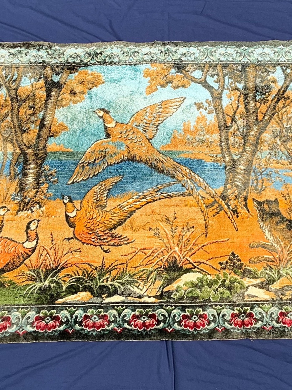 Oversized VTG 1960s Italian Wall Tapestry Pheasant Fox Woodland Rug 47”x70” - Picture 4 of 16